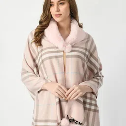 Manra Checked Woollen Fur Ball Collar Shawl-4