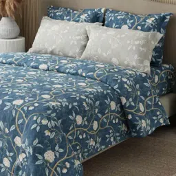 Boutique Living Royal Essence Blue & Grey Cotton Floral 400 TC King Flat Bedsheet with 4 Pillow Covers-picture-2