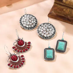 Yellow Chimes Set Of 3 Oxidised Stone-Studded Drop Earrings-picture-49