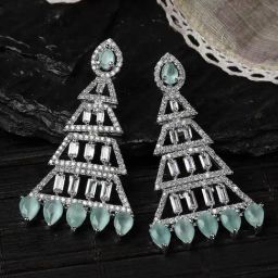 Zeneme Rhodium Plated Sea Green Crystal AD Studded Triangular Shaped Dangler Earrings-31