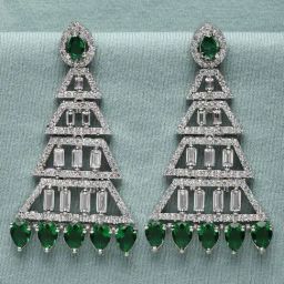 Zeneme Rhodium Plated Green Crystal AD Studded Triangular Shaped Dangler Earrings-33