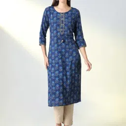 Showoff Blue Cotton Regular Fit Printed Kurta-image-52