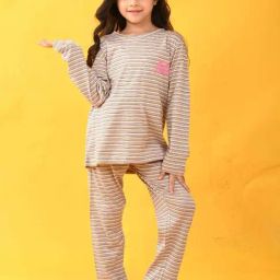 Anthrilo Kids Pink Cotton Striped Full Sleeves T-Shirt & Trouser-image-103