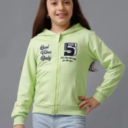 Under Fourteen Only Girls Green Cotton Printed Hooded Sweatshirt-image-19