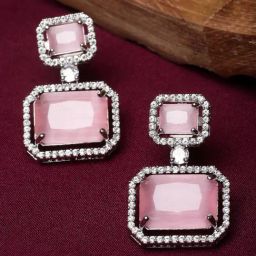 Zeneme Rhodium Plated Pink AD Studded Square Shaped Drop Earrings-46