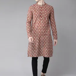 See Designs Men Rust Brown & Beige Ethnic Motifs Pure Cotton Block Print Handloom Kurta-58