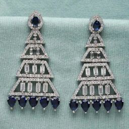 Zeneme Rhodium Plated Blue Crystal AD Studded Triangular Shaped Dangler Earrings-26