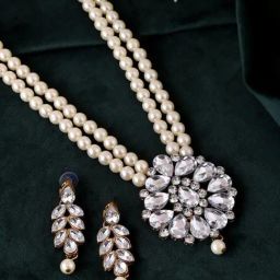 VOJ Gold Plated Kundan Studded Pearl Long Necklace & Earrings Set-image-34