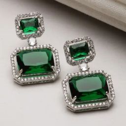 Zeneme Rhodium Plated Green AD Studded Square Shaped Drop Earrings-29