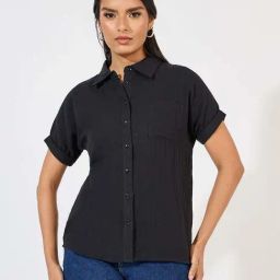 Styli Black Cotton Plain Shirt-image-38