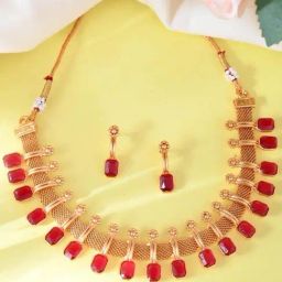 VOJ Gold Plated Traditional Maroon Stone Studded Necklace & Earrings Set-picture-4