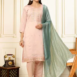 House of Pataudi Floral Embroidered Thread Work Straight Kurta With Trousers And Dupatta-image-13