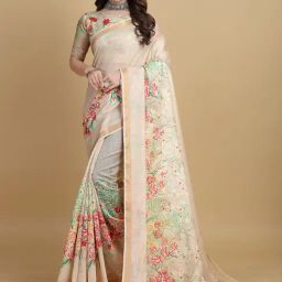Saree Mall Beige Floral Print Saree With Unstitched Blouse-image-57