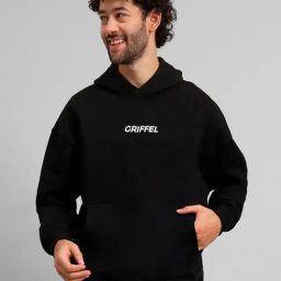 GRIFFEL Black Loose Fit Logo Print Oversized Hooded Sweatshirt-image-6