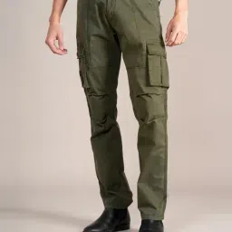 Cantabil Olive Green Cotton Regular Fit Cargo Jeans-image-52