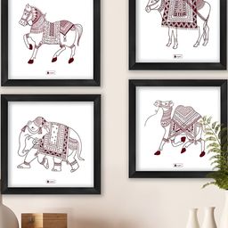 Indigifts White & Black 4 Pieces Printed Animal Ethnic Wooden Hanging Wall Posters-picture-34