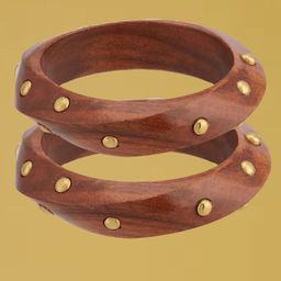 ATIBELLE Set Of 2 Gold-Plated Wooden Bangles-8