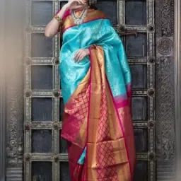 Anjaneya Sarees Blue & Purple Silk Woven Saree With Unstitched Blouse-picture-10
