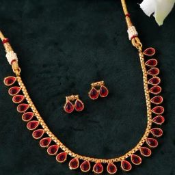 VOJ Gold Plated Maroon Stone Studded Jewellery Set-image-17