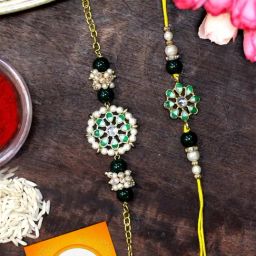 Karatcart Gold-Plated Green Two Tone Kundan Rakhi, Roli & Chawal for Bhai & Bhabi - Set of 2-5
