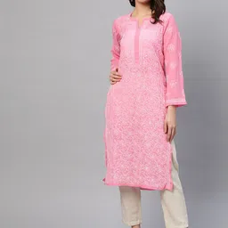 ADA Women Pink & White Chikankari Embroidered Straight Sustainable Handloom Kurta-image-49