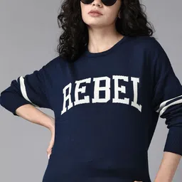 The Roadster Lifestyle Co. Women Navy Blue & White Acrylic Typography Patterned Pullover-picture-24