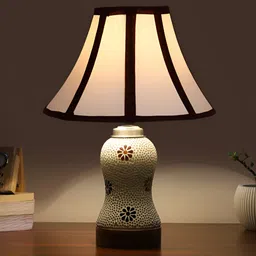 Devansh White & Blue Printed Wooden Frustum Shaped Table Lamp With Mosaic Glass Base-26
