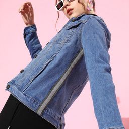 Roadster Woman Stunning Blue Solid Denim Trucker Jacket-image-96
