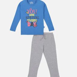 Proteens Kids Blue & Grey Printed Full Sleeves T-Shirt with Pants-image-40