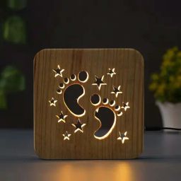 eCraftIndia Brown Wooden Kids Foot Stars Carving Led Table Lamp Usb Night Light Showpiece-12