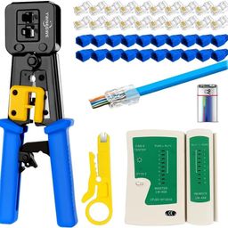 XIKKART Tools Kit, Passthrough RJ45 Crimping Tool, Cat5 Cat5e Cat6 Ethernet Crimper Tool Kit With 20pcs RJ45 Cat6 Pass Through Connectors, 20pcs Covers, Wire Stripper, Network Cable Tester, Battery image 1