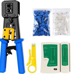 SmartTech Pass Through crimping tool for RJ45 Network Cable Cut Strip Crimp Crimper With Cable Tester RJ45 Cat6 Connector(20),Boots Cover(20) (Passthrough Tool Kit with Cable Tester) image 1