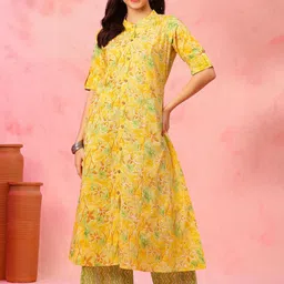 EthniFlair Floral Printed Mandarin Collar Beads and Stones Pure Cotton Kurta with Palazzos-51
