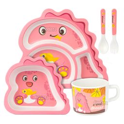 Fiddlerz Bamboo Baby Tableware Dinning Set Dinosaur Design Pack of 5 - Pink-12