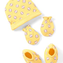 Babyhug 100% Cotton Knit Cap Mittens & Booties Set Balls Print Yellow - Diameter 10.5 cm-24