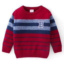 Babyhug 100% Acrylic Knit Full Sleeves Pullover Sweater Striped & B Embroidery - Red & Navy Blue-image-84