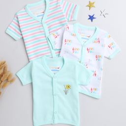 BUMZEE Pack Of 3 Half Sleeves Text Printed & Striped Jhablas - Green & White-image-57