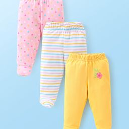 Babyhug Interlock Knit Bootie Leggings Striped & Polka Dots Print Pack Of 3 - Yellow Pink & White-image-67