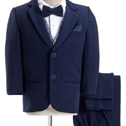 Babyhug Woven Full Sleeves 4 Piece Stretch Party Suit with Bow - White & Blue-image-39