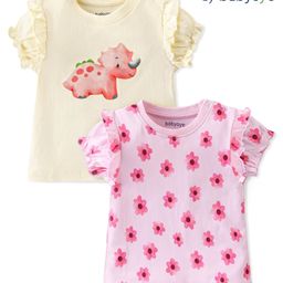 Babyoye Eco Conscious 100% Cotton Half Sleeves  Tops with Frill Detailing Floral & Dino Print - Pink & Cream-image-12