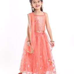 Babyhug Sleeveless Sequenced Choli With Net Sequenced Embroiderd Lehenga With Dupatta Set- Peach-image-24