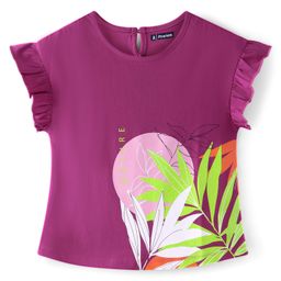 Pine Kids Cotton Knit Frill Sleeves Leaves Printed Top - Violet-image-47