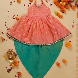Saka Designs By Sapna Sleeveless Polka Dots Foli Printed & Gota Lace Embellished Kurta & Dhoti Set - Peach & Green-image-43