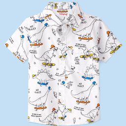 Babyhug 100% Cotton Woven Half Sleeve Regular Collar One Pocket Dino Print Shirt - White-image-53