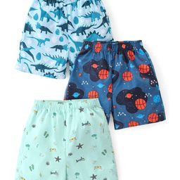 Babyhug Poplin Woven Boxers With Dino & Space Theme Print Pack Of 3 - Blue & Green-image-3