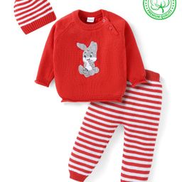 Babyhug Knitted Full Raglan Sleeves Striped Sweater Set with Bunny Embroidery - Red-image-67