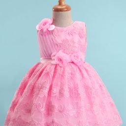 Bluebell Net Knit Sleeveless Floral Embroidered & Pleating Detailing Flared Party Frock - Pink-image-88