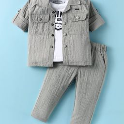 JASH KIDS Cotton Knit Full Sleeves Shirt & Trouser Set with Text Printed T-Shirt - Light Grey-image-43