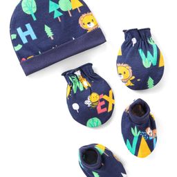 Babyhug Cotton Cap Mittens & Booties with Jungle Print - Navy Blue-image-78