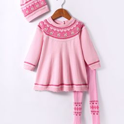 ToffyHouse 100% Cotton Knit Full Raglan Sleeves Bunny Designed Winter Wear Sweater Dress with Beanie & Stockings - Pink-picture-49